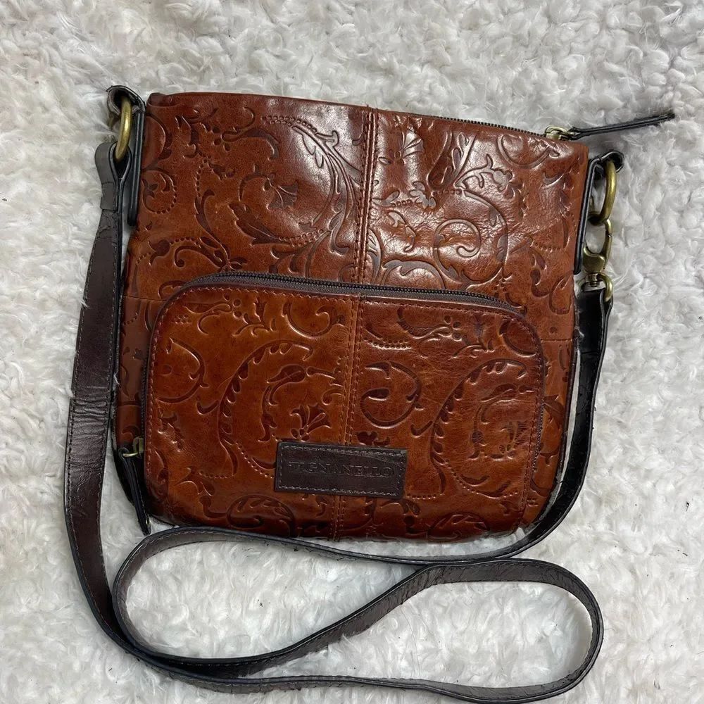Tignanello leather brown embossed crossbody bag with faux leather trim &…